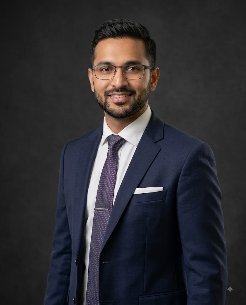 Kavin Rajan, founder and SEO specialist at RankForge Digital, wearing a navy suit.